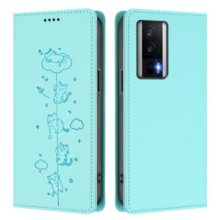 For Redmi K60 / K60 Pro / Xiaomi Poco F5 Pro Cute Cats Embossed Magnetic RFID Vegan Leather Phone Case