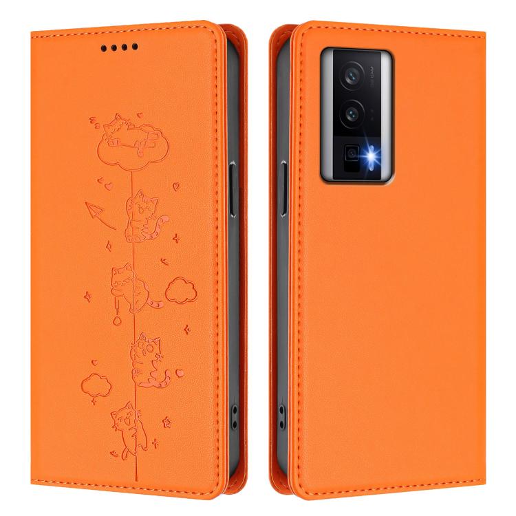 For Redmi K60 / K60 Pro / Xiaomi Poco F5 Pro Cute Cats Embossed Magnetic RFID Vegan Leather Phone Case