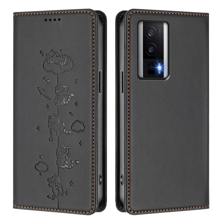 For Redmi K60 / K60 Pro / Xiaomi Poco F5 Pro Cute Cats Embossed Magnetic RFID Vegan Leather Phone Case
