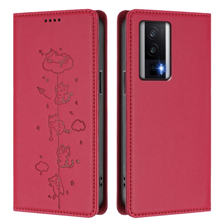 For Redmi K60 / K60 Pro / Xiaomi Poco F5 Pro Cute Cats Embossed Magnetic RFID Vegan Leather Phone Case