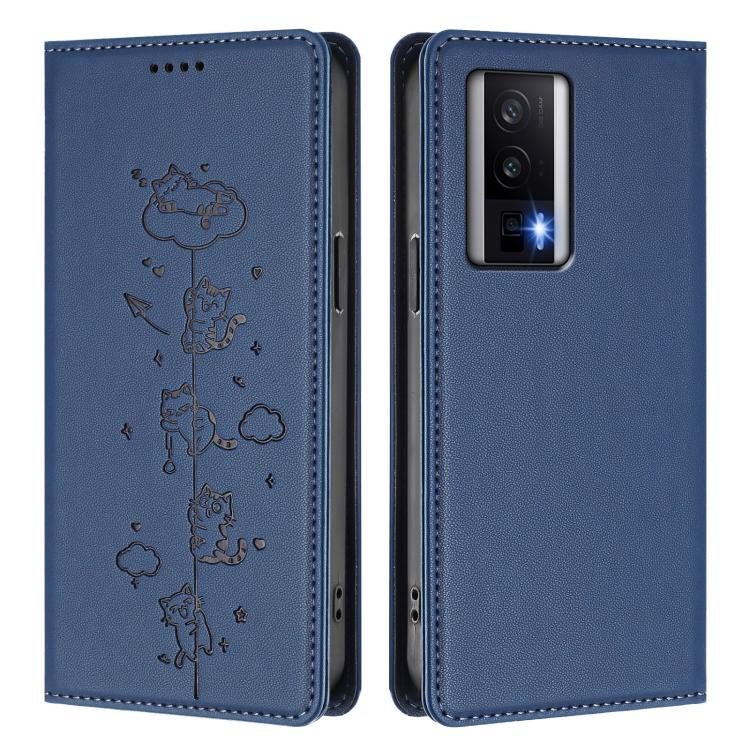 For Redmi K60 / K60 Pro / Xiaomi Poco F5 Pro Cute Cats Embossed Magnetic RFID Vegan Leather Phone Case