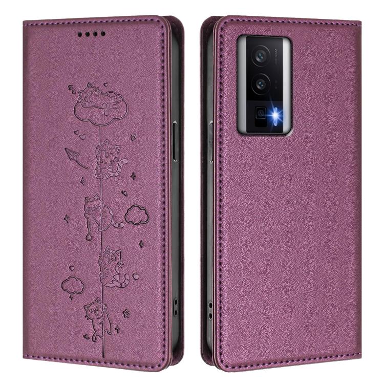 For Redmi K60 / K60 Pro / Xiaomi Poco F5 Pro Cute Cats Embossed Magnetic RFID Vegan Leather Phone Case