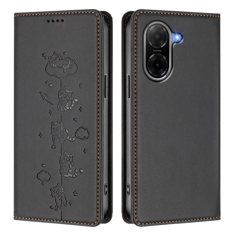 For Redmi A5 4G 173.3mm Cute Cats Embossed Magnetic RFID Vegan Leather Phone Case