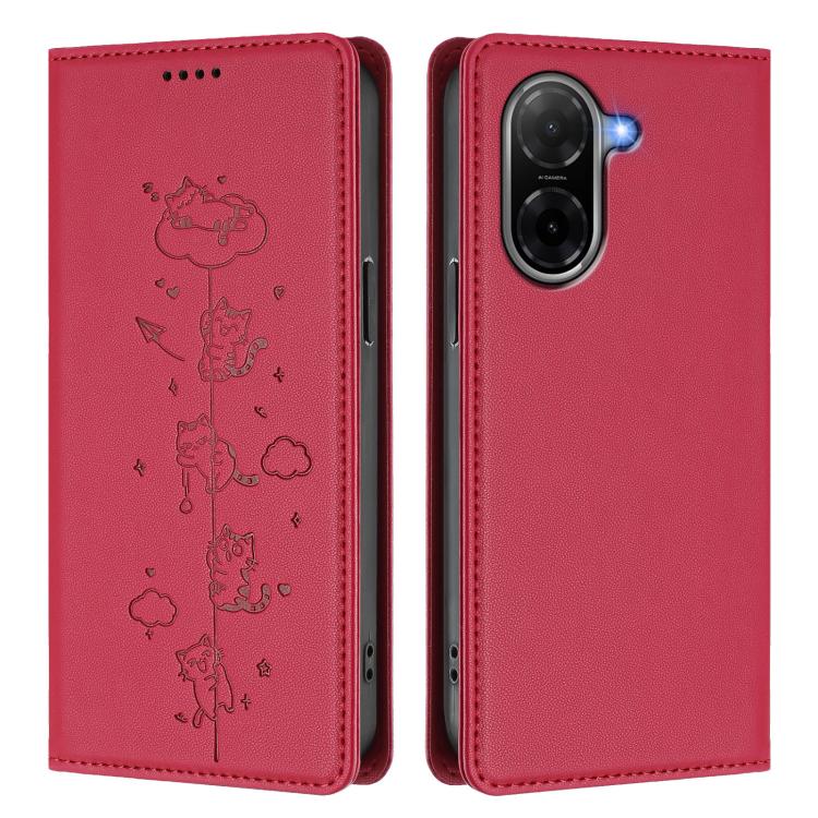 For Redmi A5 4G 173.3mm Cute Cats Embossed Magnetic RFID Vegan Leather Phone Case