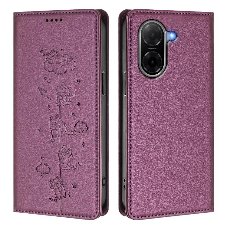 For Redmi A5 4G 173.3mm Cute Cats Embossed Magnetic RFID Vegan Leather Phone Case