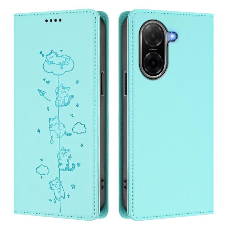For Redmi A5 4G 171.7mm / Xiaomi Poco C71 Cute Cats Embossed Magnetic RFID Vegan Leather Phone Case