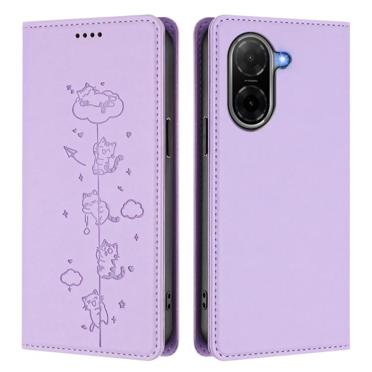 For Redmi A5 4G 171.7mm / Xiaomi Poco C71 Cute Cats Embossed Magnetic RFID Vegan Leather Phone Case