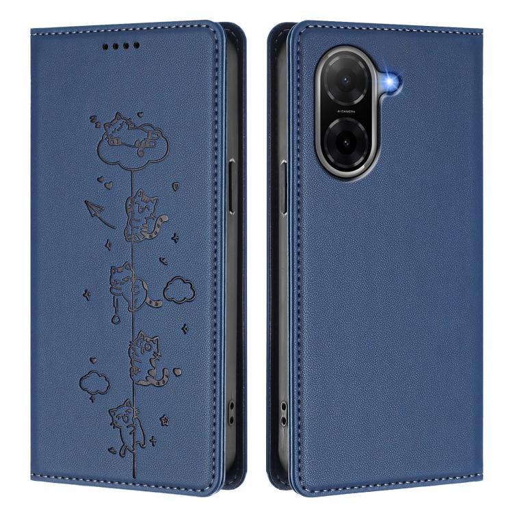 For Redmi A5 4G 171.7mm / Xiaomi Poco C71 Cute Cats Embossed Magnetic RFID Vegan Leather Phone Case