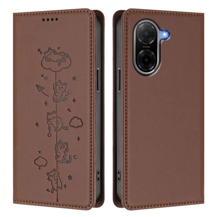 For Redmi A5 4G 171.7mm / Xiaomi Poco C71 Cute Cats Embossed Magnetic RFID Vegan Leather Phone Case