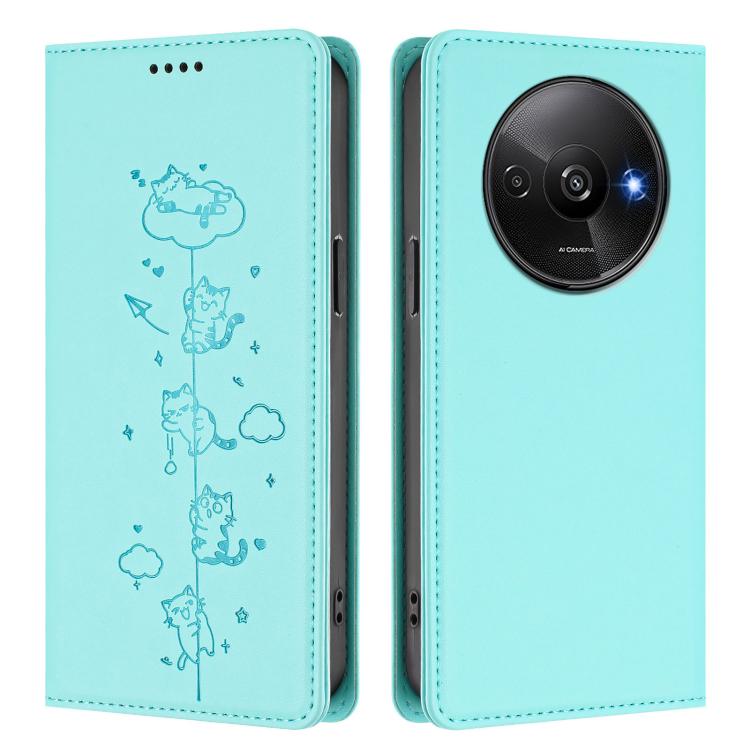 For Redmi A3 / A3x / Xiaomi Poco C61 Cute Cats Embossed Magnetic RFID Vegan Leather Phone Case