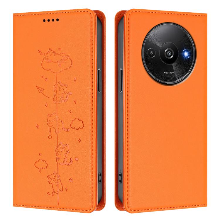 For Redmi A3 / A3x / Xiaomi Poco C61 Cute Cats Embossed Magnetic RFID Vegan Leather Phone Case