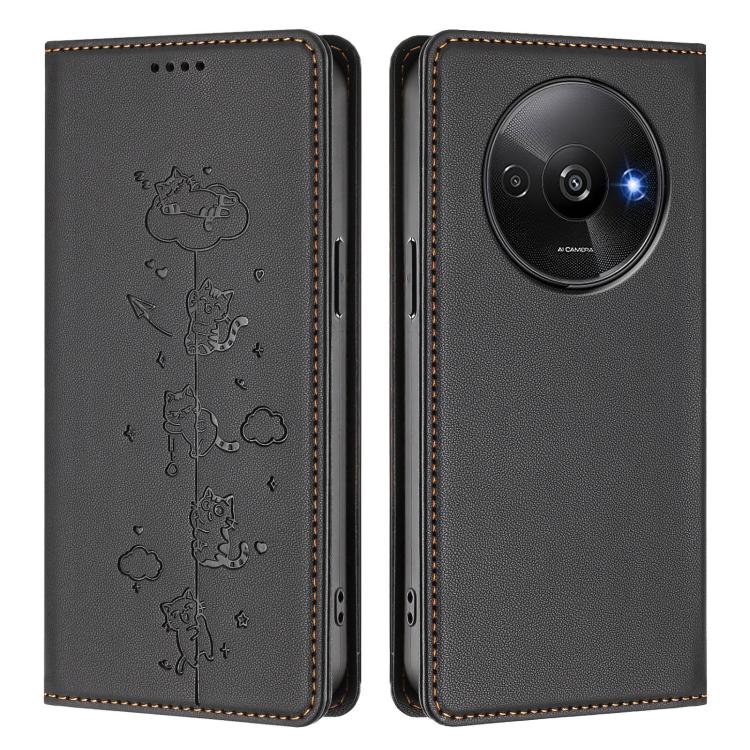For Redmi A3 / A3x / Xiaomi Poco C61 Cute Cats Embossed Magnetic RFID Vegan Leather Phone Case
