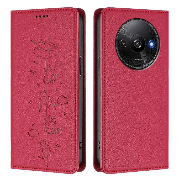 For Redmi A3 / A3x / Xiaomi Poco C61 Cute Cats Embossed Magnetic RFID Vegan Leather Phone Case