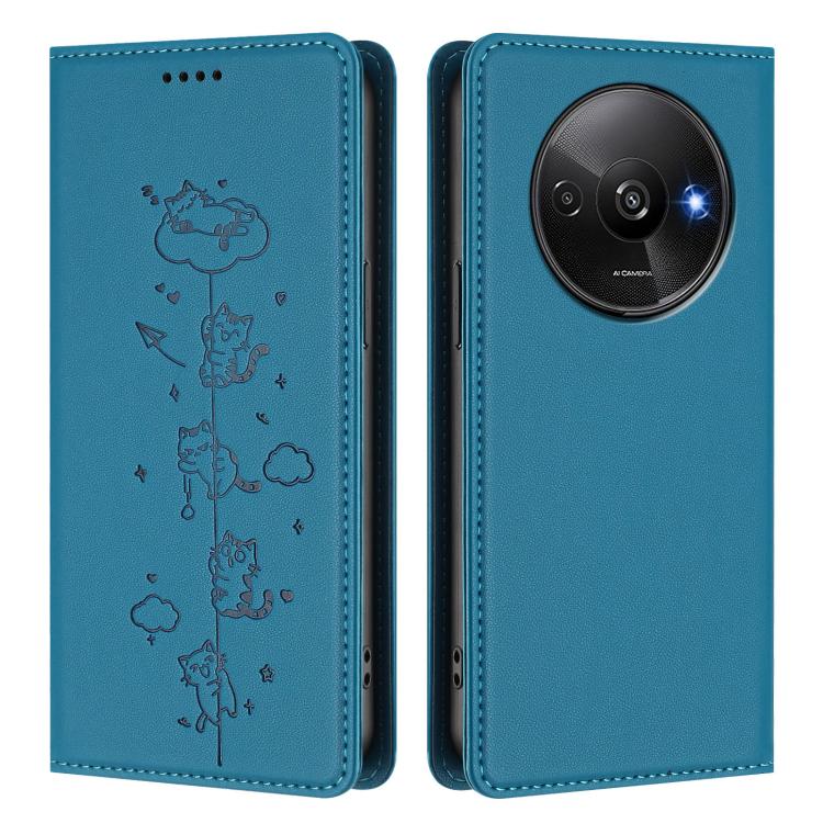 For Redmi A3 / A3x / Xiaomi Poco C61 Cute Cats Embossed Magnetic RFID Vegan Leather Phone Case