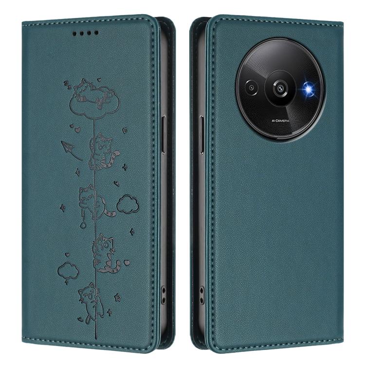 For Redmi A3 / A3x / Xiaomi Poco C61 Cute Cats Embossed Magnetic RFID Vegan Leather Phone Case