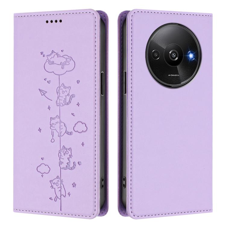 For Redmi A3 / A3x / Xiaomi Poco C61 Cute Cats Embossed Magnetic RFID Vegan Leather Phone Case