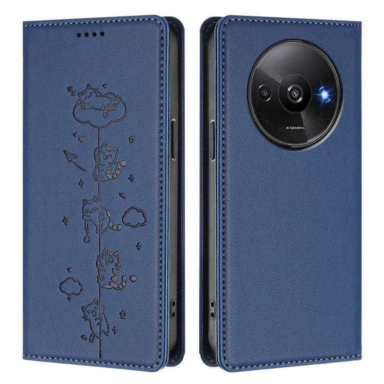 For Redmi A3 / A3x / Xiaomi Poco C61 Cute Cats Embossed Magnetic RFID Vegan Leather Phone Case