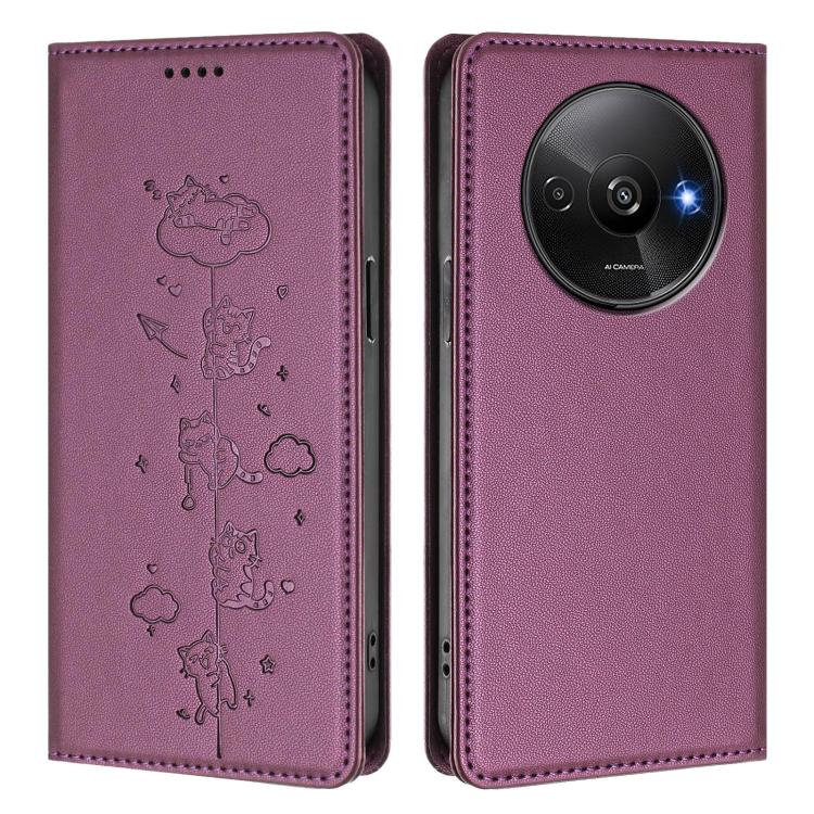 For Redmi A3 / A3x / Xiaomi Poco C61 Cute Cats Embossed Magnetic RFID Vegan Leather Phone Case