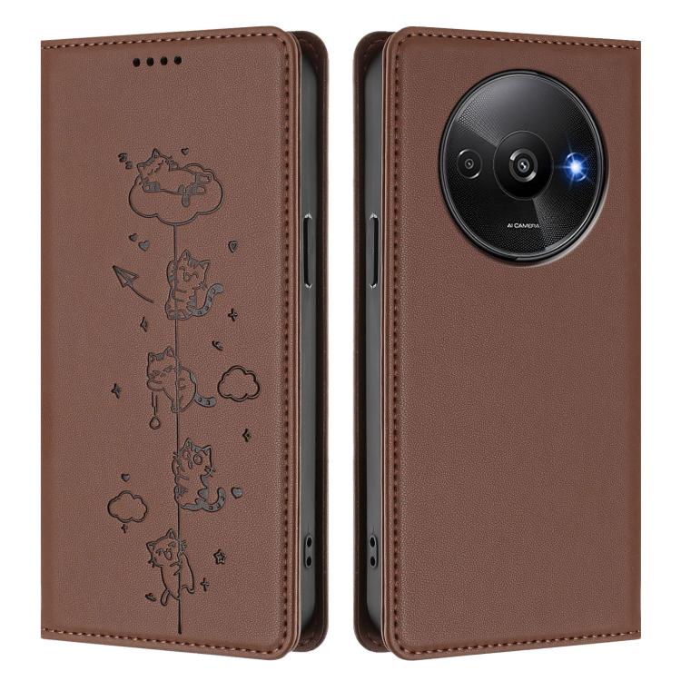 For Redmi A3 / A3x / Xiaomi Poco C61 Cute Cats Embossed Magnetic RFID Vegan Leather Phone Case