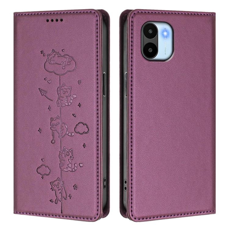 For Redmi A2 / Redmi A1 Cute Cats Embossed Magnetic RFID Vegan Leather Phone Case
