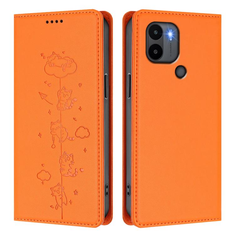 For Redmi A2+ / Redmi A1+ / Poco C50 Cute Cats Embossed Magnetic RFID Vegan Leather Phone Case
