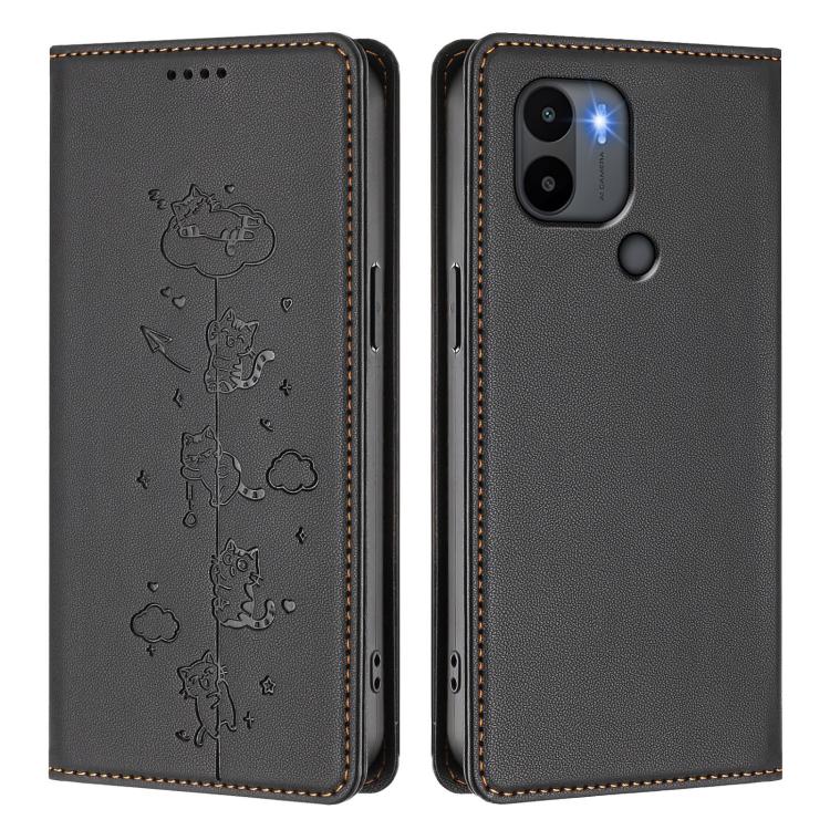 For Redmi A2+ / Redmi A1+ / Poco C50 Cute Cats Embossed Magnetic RFID Vegan Leather Phone Case