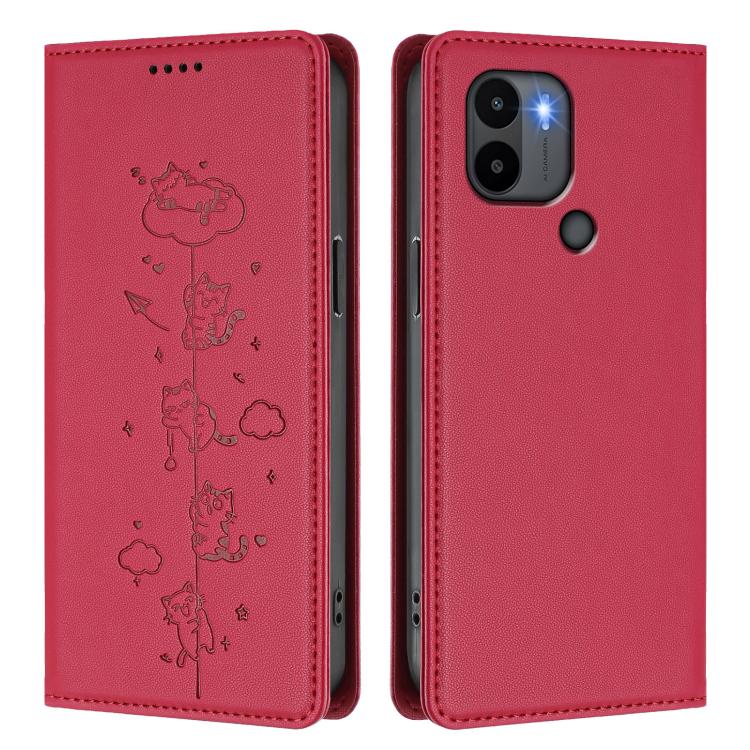 For Redmi A2+ / Redmi A1+ / Poco C50 Cute Cats Embossed Magnetic RFID Vegan Leather Phone Case