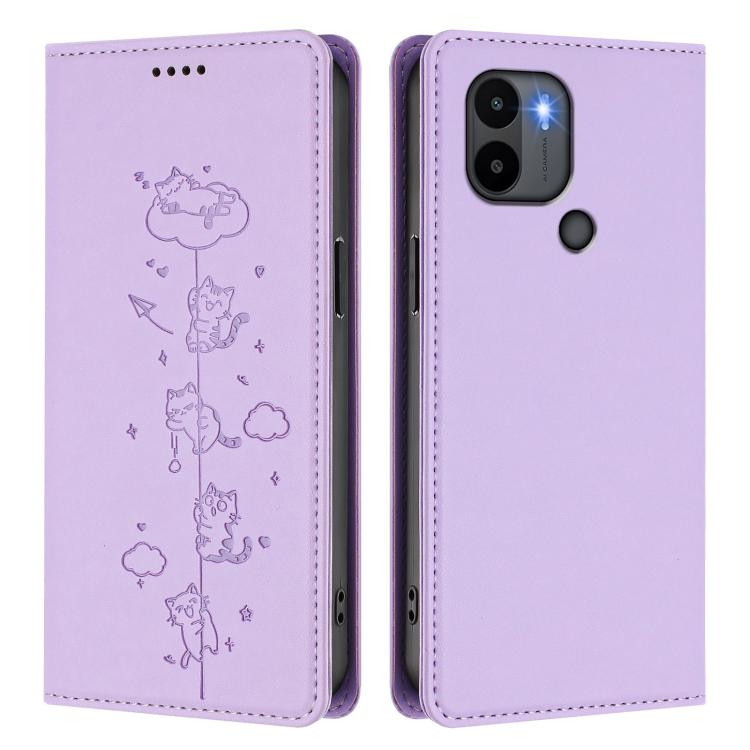 For Redmi A2+ / Redmi A1+ / Poco C50 Cute Cats Embossed Magnetic RFID Vegan Leather Phone Case