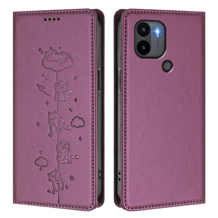 For Redmi A2+ / Redmi A1+ / Poco C50 Cute Cats Embossed Magnetic RFID Vegan Leather Phone Case