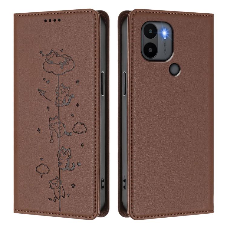 For Redmi A2+ / Redmi A1+ / Poco C50 Cute Cats Embossed Magnetic RFID Vegan Leather Phone Case