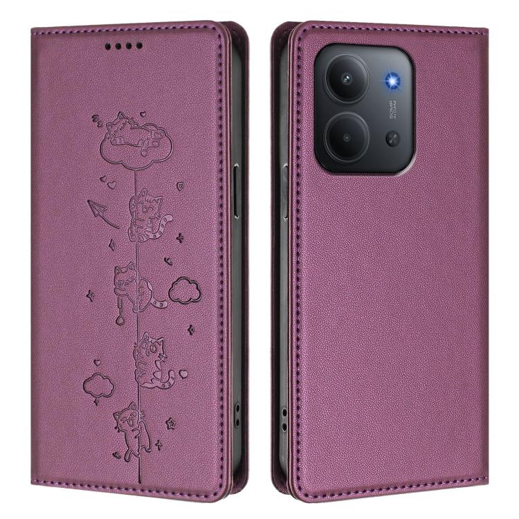 For Redmi 15C 5G / 4G Global 171mm / Poco C85 4G Cute Cats Embossed Magnetic RFID Vegan Leather Phone Case