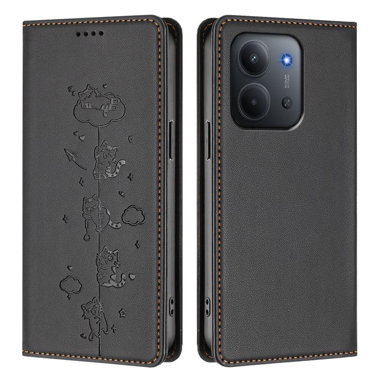 For Redmi 15C 5G / 4G EU 173mm / Poco C85 5G Cute Cats Embossed Magnetic RFID Vegan Leather Phone Case