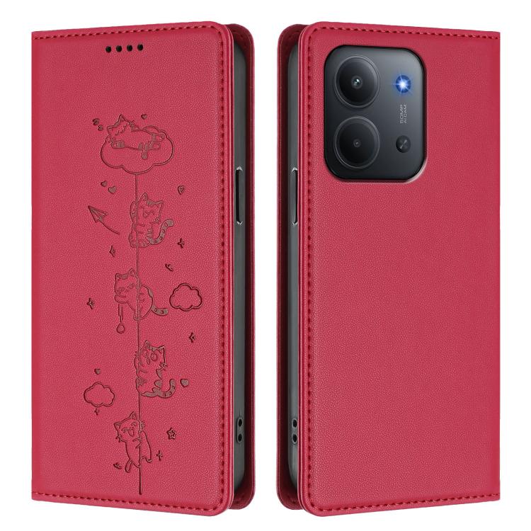 For Redmi 15C 5G / 4G EU 173mm / Poco C85 5G Cute Cats Embossed Magnetic RFID Vegan Leather Phone Case