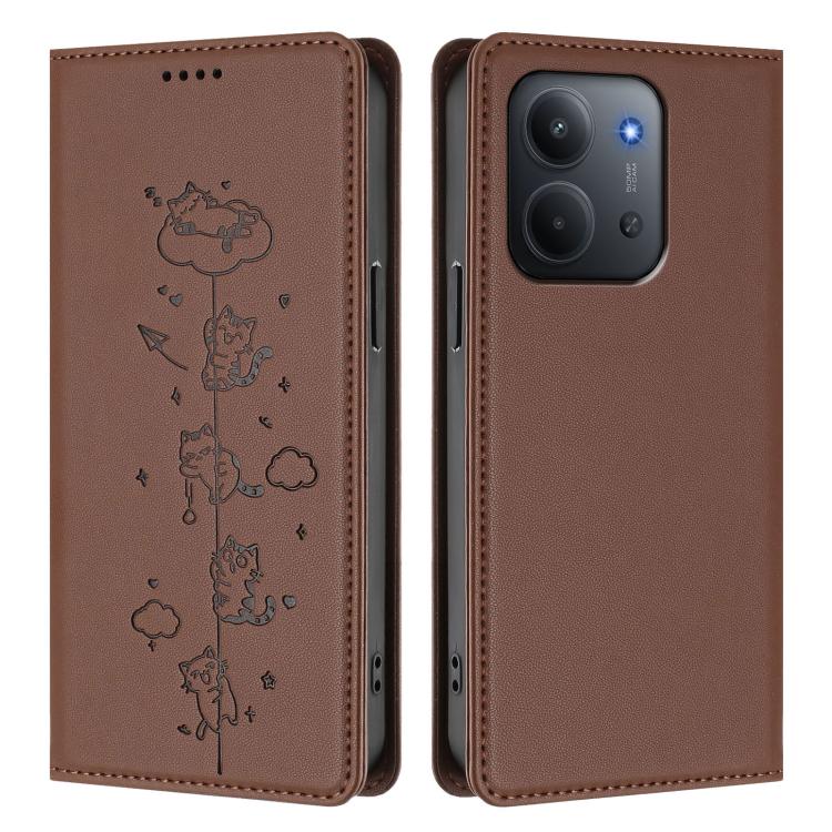 For Redmi 15C 5G / 4G EU 173mm / Poco C85 5G Cute Cats Embossed Magnetic RFID Vegan Leather Phone Case