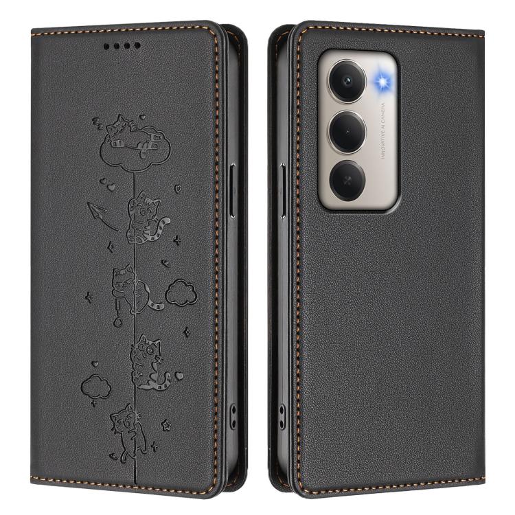 For Redmi 15 5G / 4G EU 171mm Cute Cats Embossed Magnetic RFID Vegan Leather Phone Case