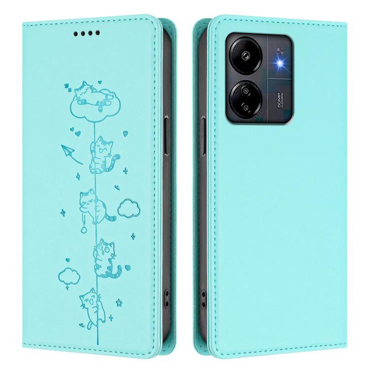 For Redmi 13C 4G / 5G / Poco C65 Cute Cats Embossed Magnetic RFID Vegan Leather Phone Case