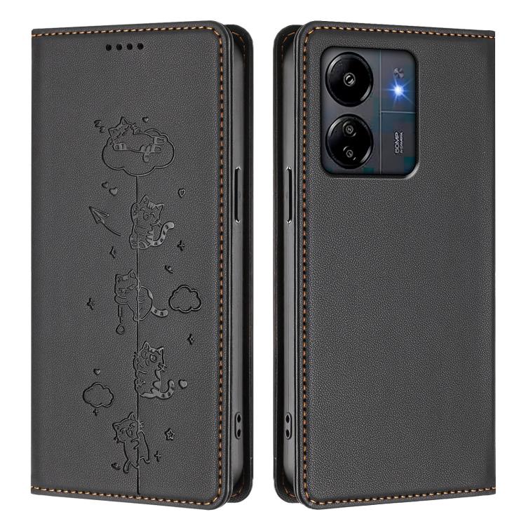For Redmi 13C 4G / 5G / Poco C65 Cute Cats Embossed Magnetic RFID Vegan Leather Phone Case