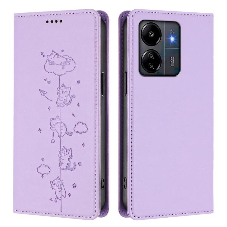 For Redmi 13C 4G / 5G / Poco C65 Cute Cats Embossed Magnetic RFID Vegan Leather Phone Case