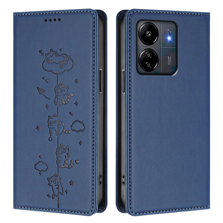For Redmi 13C 4G / 5G / Poco C65 Cute Cats Embossed Magnetic RFID Vegan Leather Phone Case