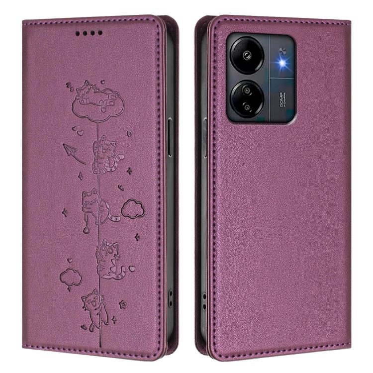 For Redmi 13C 4G / 5G / Poco C65 Cute Cats Embossed Magnetic RFID Vegan Leather Phone Case