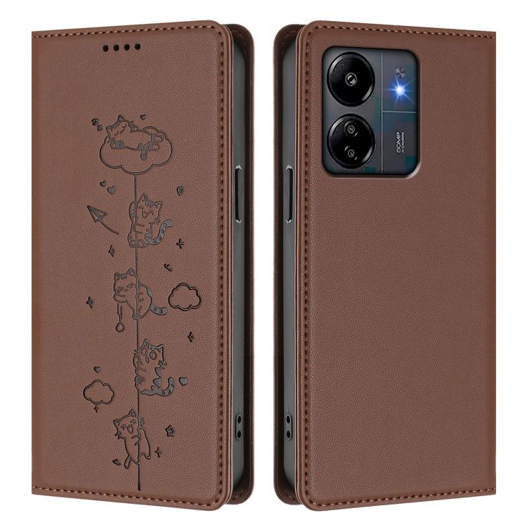 For Redmi 13C 4G / 5G / Poco C65 Cute Cats Embossed Magnetic RFID Vegan Leather Phone Case