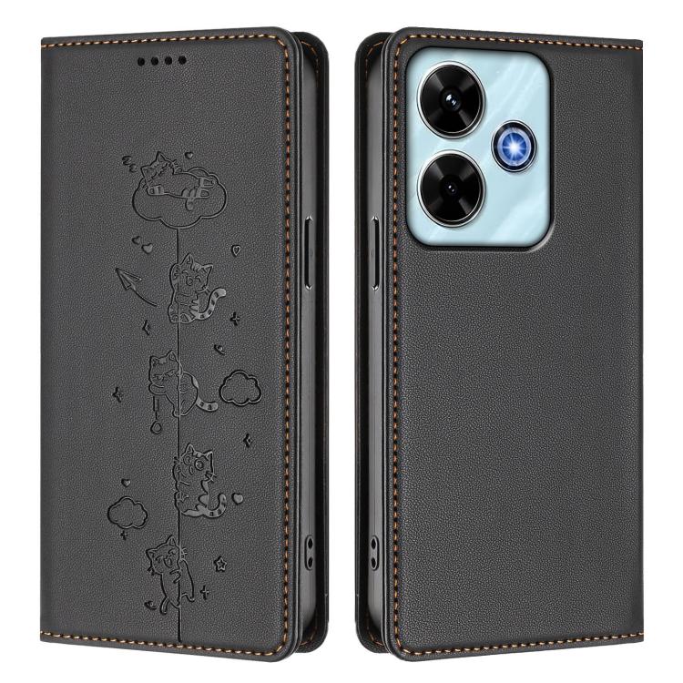 For Redmi 13 4G / 5G / 13x / Poco M6 4G Cute Cats Embossed Magnetic RFID Vegan Leather Phone Case