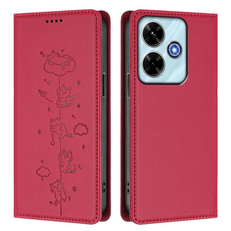 For Redmi 13 4G / 5G / 13x / Poco M6 4G Cute Cats Embossed Magnetic RFID Vegan Leather Phone Case