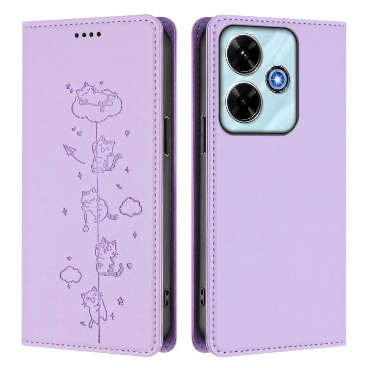 For Redmi 13 4G / 5G / 13x / Poco M6 4G Cute Cats Embossed Magnetic RFID Vegan Leather Phone Case