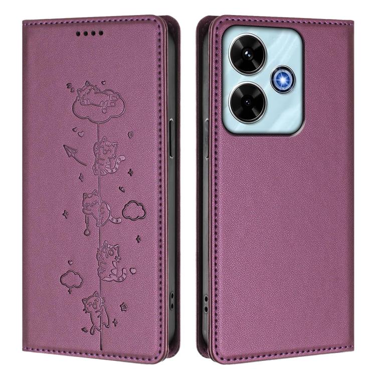 For Redmi 13 4G / 5G / 13x / Poco M6 4G Cute Cats Embossed Magnetic RFID Vegan Leather Phone Case