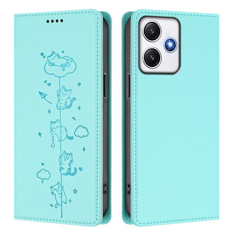 For Redmi 12 4G / 5G / Note 12R Cute Cats Embossed Magnetic RFID Vegan Leather Phone Case