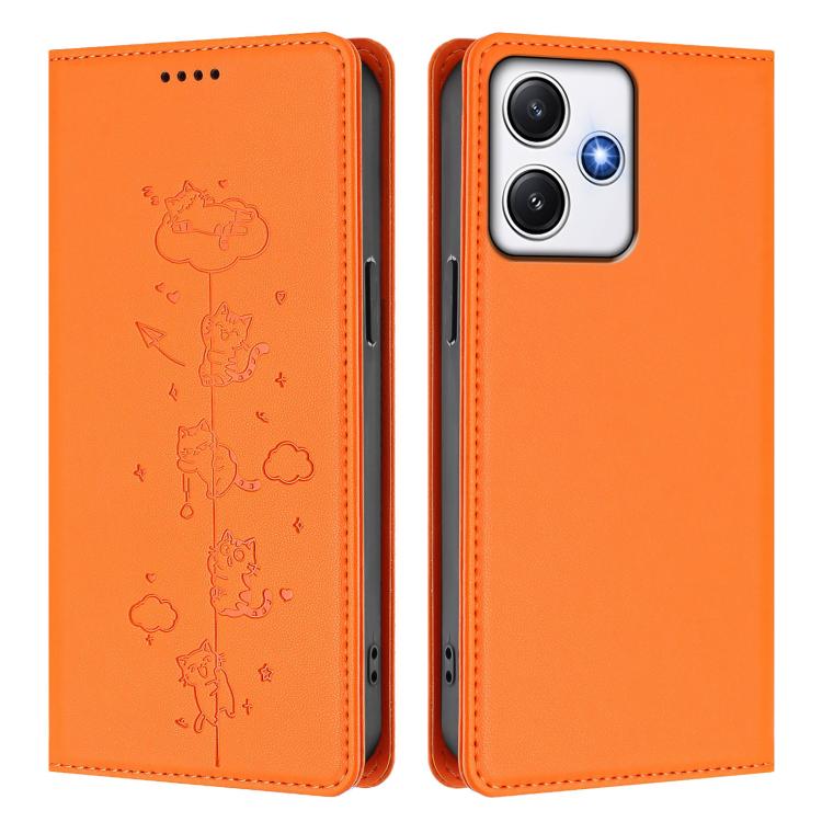 For Redmi 12 4G / 5G / Note 12R Cute Cats Embossed Magnetic RFID Vegan Leather Phone Case
