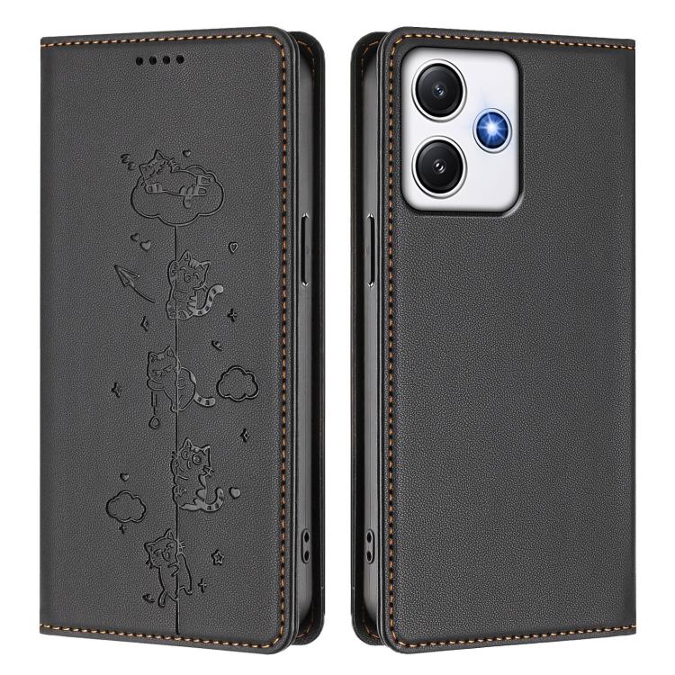 For Redmi 12 4G / 5G / Note 12R Cute Cats Embossed Magnetic RFID Vegan Leather Phone Case