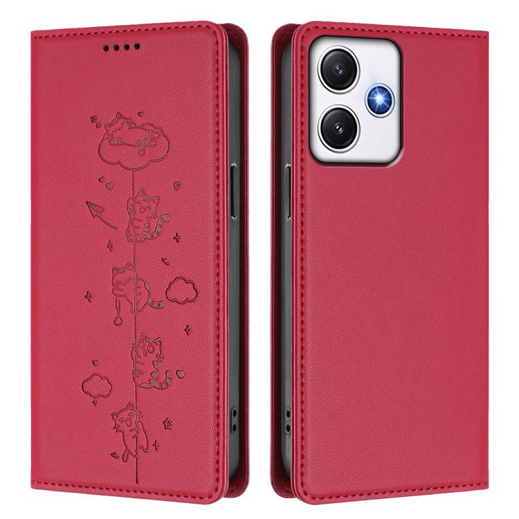 For Redmi 12 4G / 5G / Note 12R Cute Cats Embossed Magnetic RFID Vegan Leather Phone Case