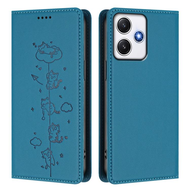 For Redmi 12 4G / 5G / Note 12R Cute Cats Embossed Magnetic RFID Vegan Leather Phone Case